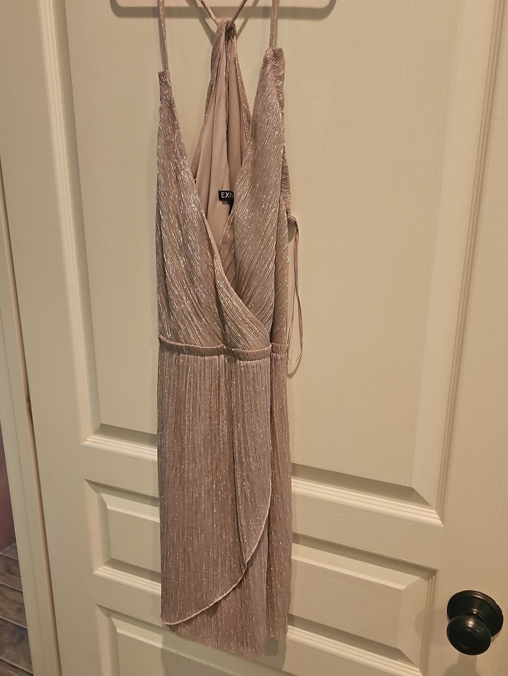 Express Shimmer Pleated Wrap Midi Dress in Blush Taupe